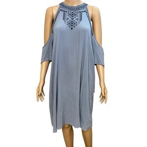 Knox Rose Cold Shoulder Mini Dress XXL Gauzy Crinkle Embroidered Boho Blue